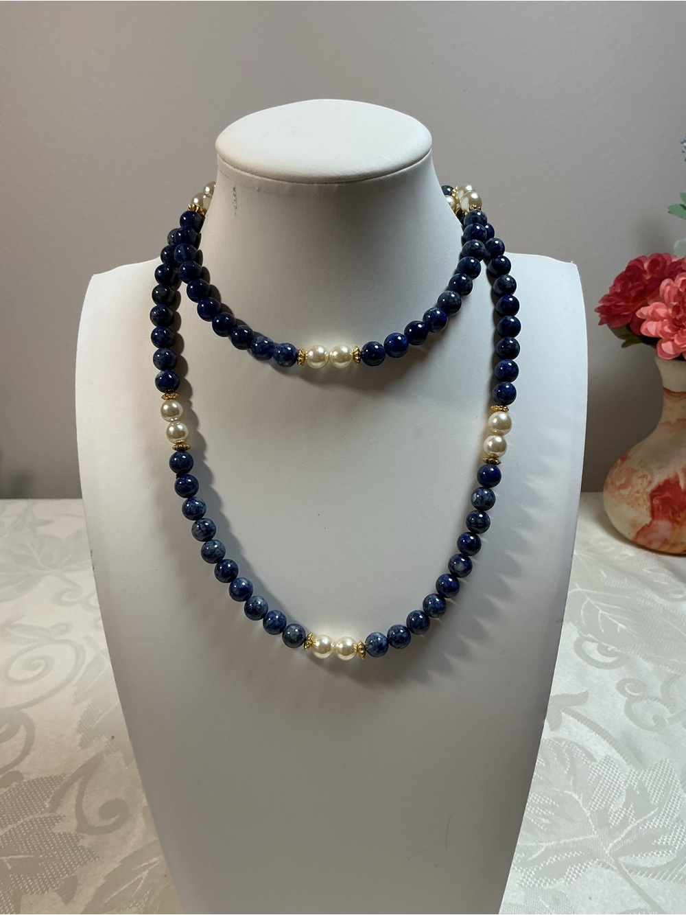 Genuine Blue Sodalite Gemstone & Faux Pearl Gold Tone Necklace